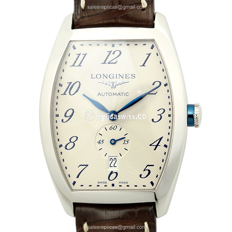 Elegant Longines EVIDENZA Replica Watch | Automatic, White Dial, Brown Alligator Strap