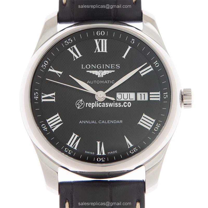 Elegant Longines L2.910.4.51.7 Replica Watch with Automatic Movement & Black Alligator-Strap Dial