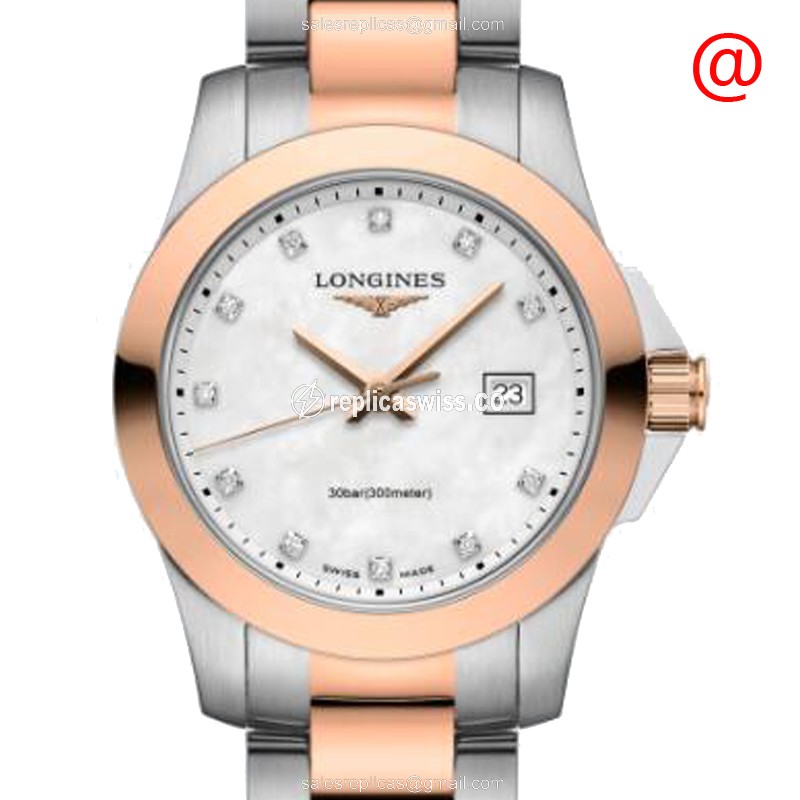 Elegant Longines L3.376.3.88.7 CONQUEST Quartz Replica in 18kt Rose Gold, White Dial & Stainless
