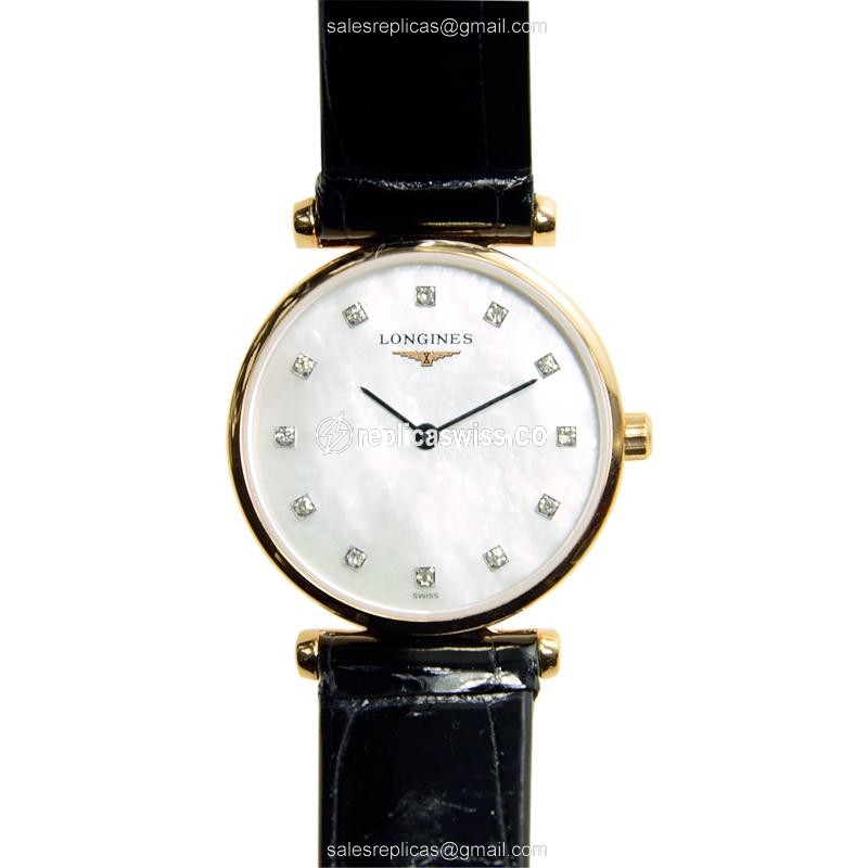 Elegant Longines L4.209.1.87.2 LA GRANDE Quartz Replica in PVD Gold with White Dial & Alligator