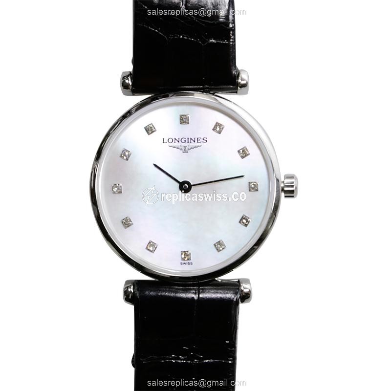 Elegant Longines L4.209.4.87.2 Quartz Steel Replica with White Dial & Black Alligator Strap Watch