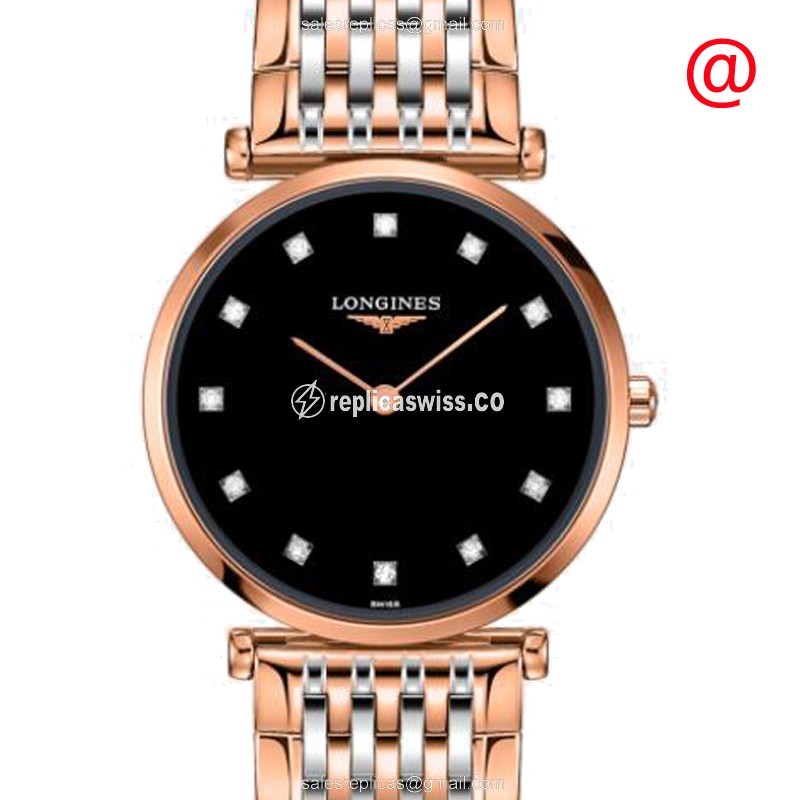 Elegant Longines L4.512.1.57.7 Quartz Replica in 18kt Gold & Black Dial, Steel Case Watch