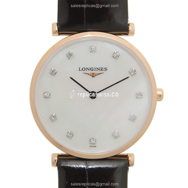 Elegant Longines L4.512.1.97.2 LA GRANDE Quartz Watch in 18kt Rose Gold with White Dial & Black