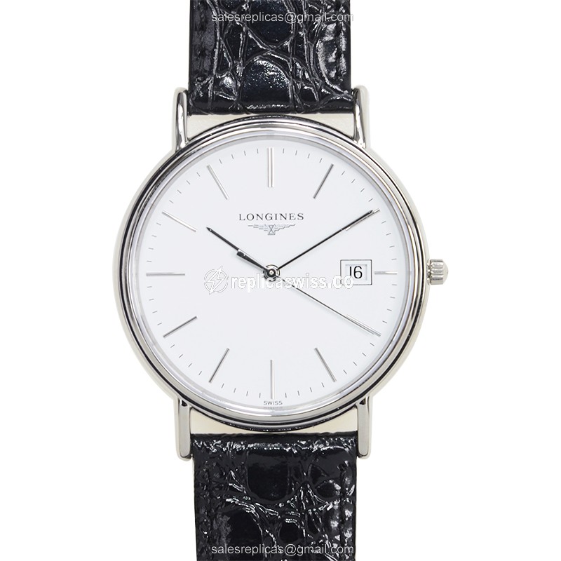 Elegant Longines L4.709.4.12.2 Grand Quartz Replica with White Dial Leather Strap Watch