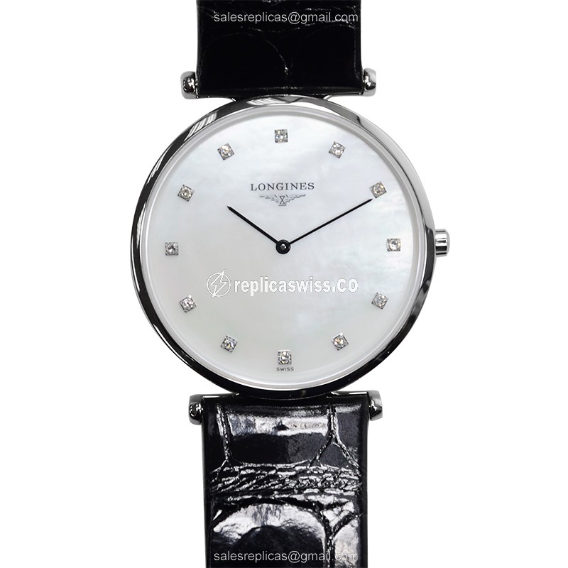 Elegant Longines L4.709.4.87.2 LA GRANDE Quartz Steel Replica, White Dial, Black Alligator Strap