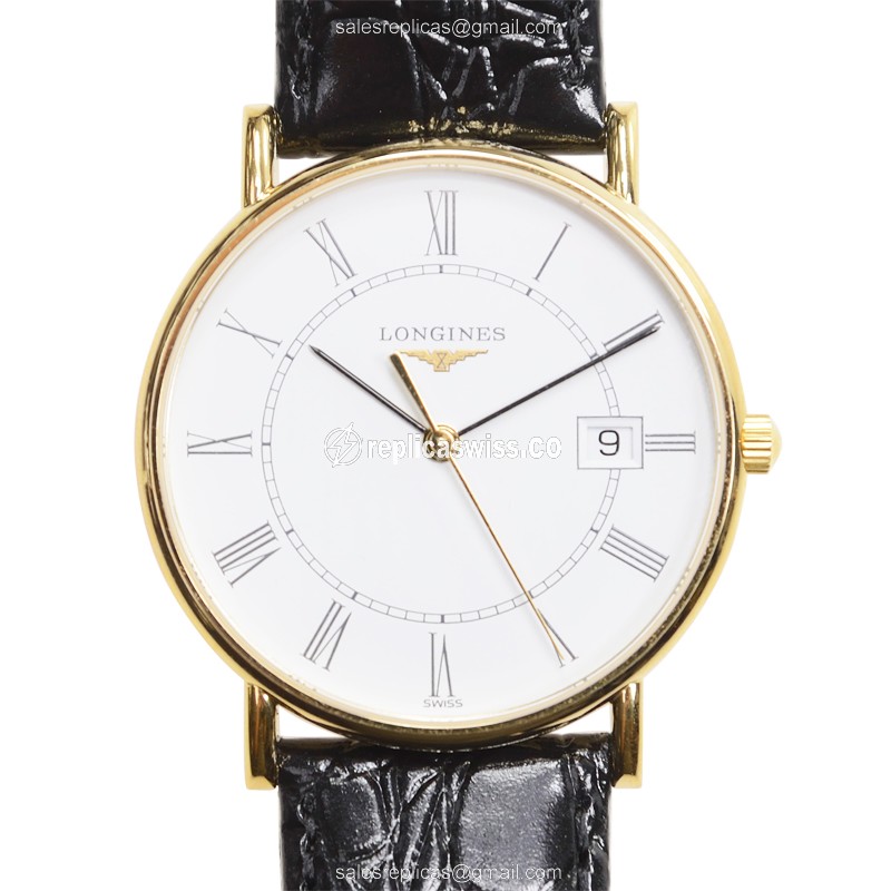 Elegant Longines L4.743.6.11.2 LA GRANDE Quartz Replica in 18kt Gold with White Dial Leather