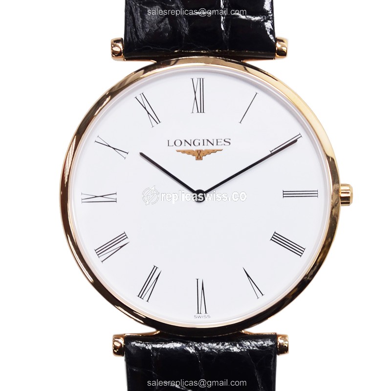 Elegant Longines L4.766.1.11.2 LA GRANDE Replica in PVD Gold with White Dial Leather Strap Watch