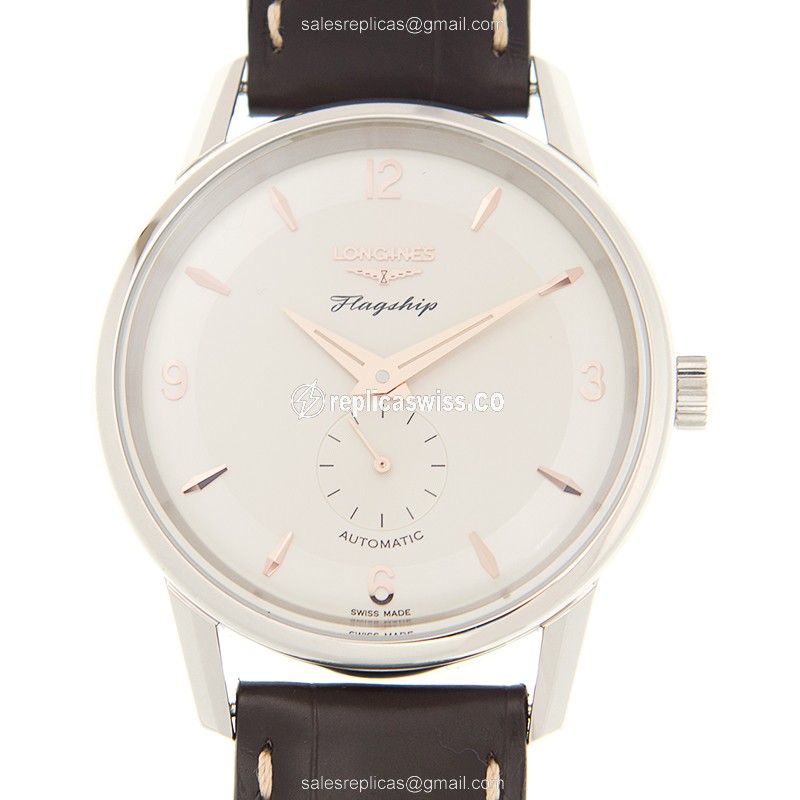 Elegant Longines L4.817.4.76.2 Replica Watch | Automatic Movement | Silver Dial & Brown Leather