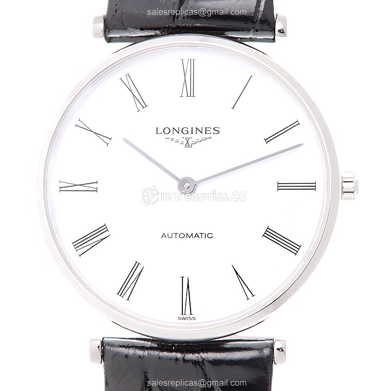 Elegant Longines L4.90.8.411.2 Grande Manual Wind Steel Replica with White Dial & Black Alligator