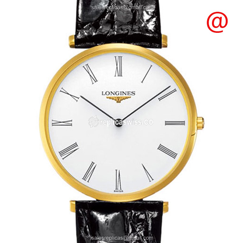 Elegant Longines LA GRANDE Quartz Replica in Gold-Plated Stainless Steel with White Dial & Leather