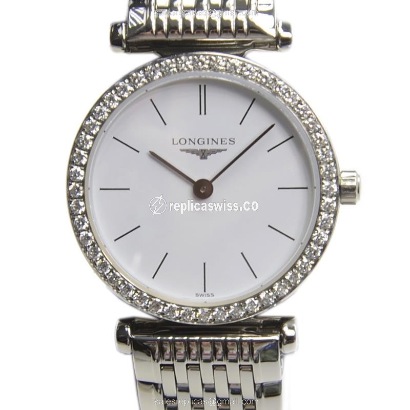 Elegant Longines LA GRANDE Quartz Replica in White Dial & Stainless Steel, Exquisite Diamond Bezels