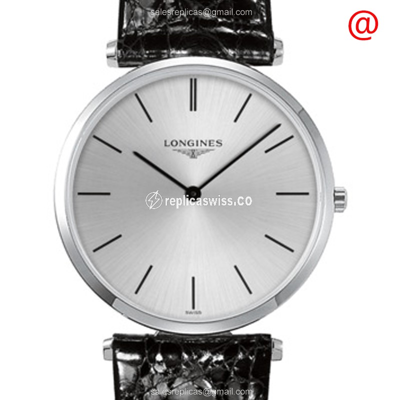 Elegant Longines LA GRANDE Quartz Replica, Silver Dial, Stainless Steel Case & Leather Strap Watch