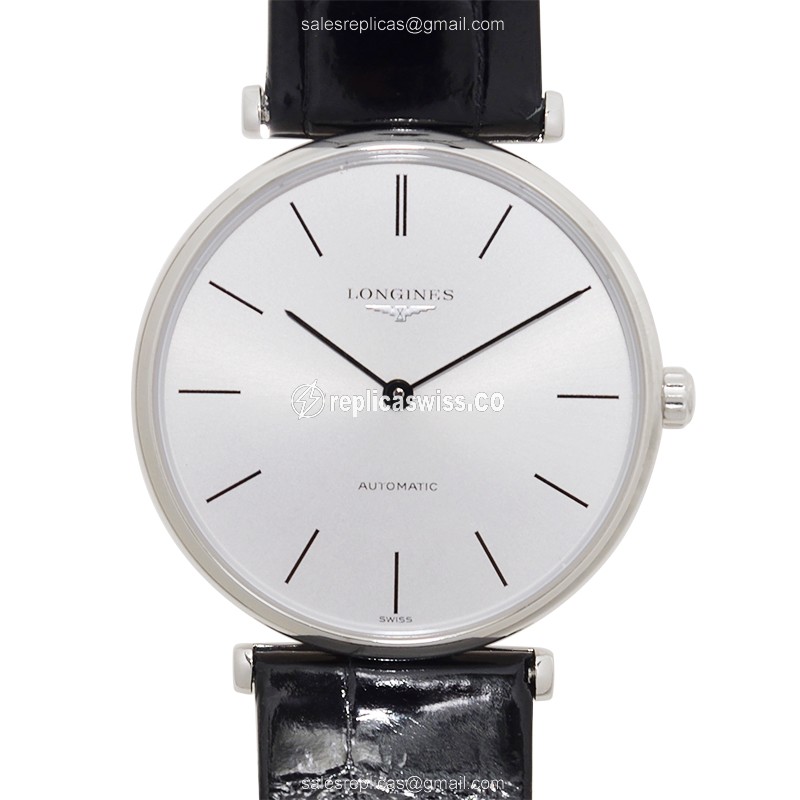 Elegant Longines LA GRANDE Replica, Automatic Movement & Silver Dial on Alligator Strap Watch