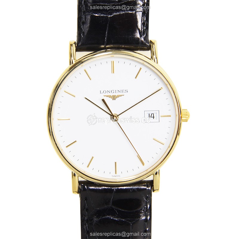 Elegant Longines LA GRANDE Replica, White Dial, 18kt Gold Case, Alligator Strap Watch