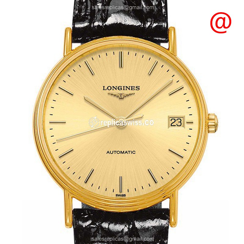 Elegant Longines Presence Replica, Automatic Movement, PVD Gold Case, Black Leather Strap Watch