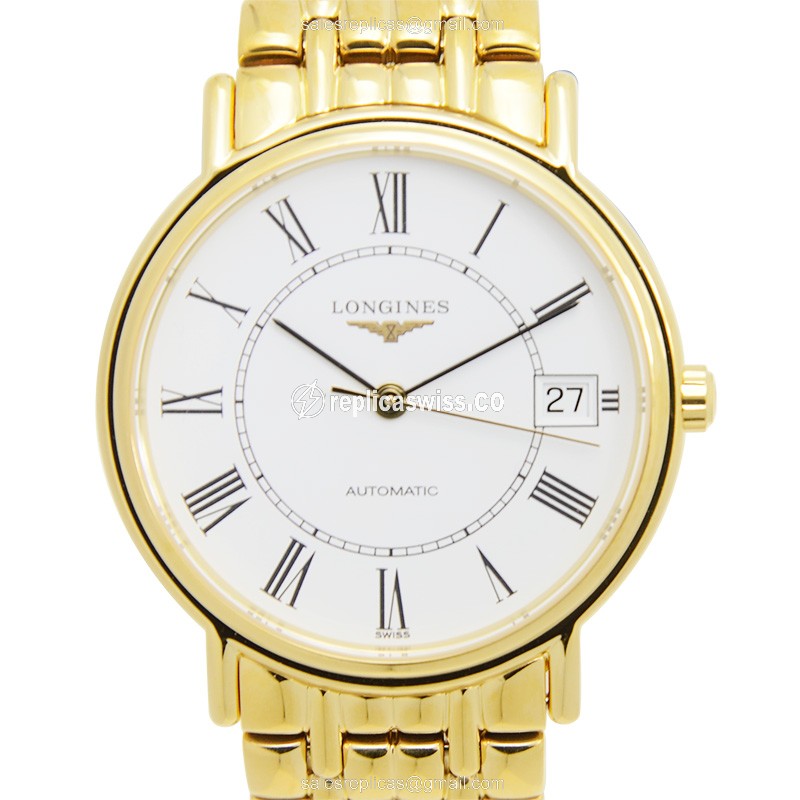 Elegant Longines Presence Replica, Automatic Movement, PVD Gold Case & White Dial Watch