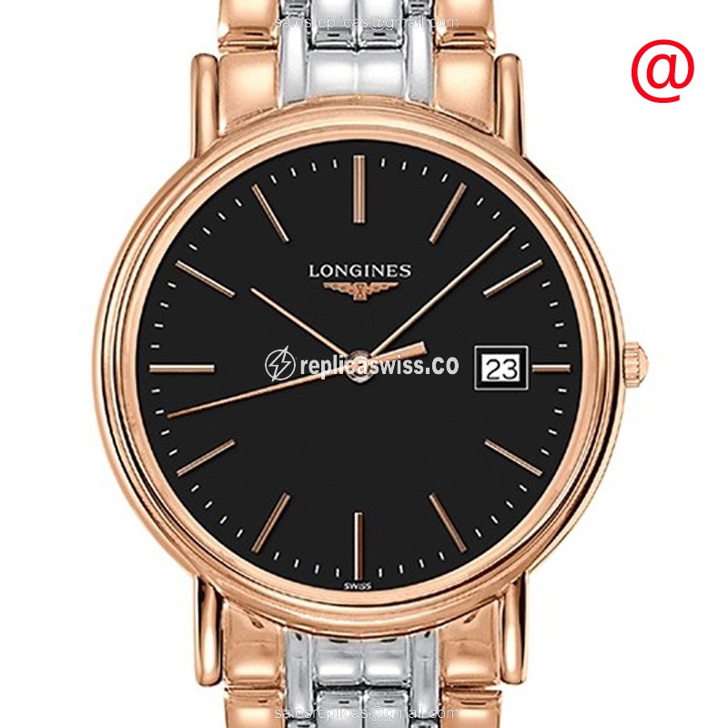 Elegant Longines Presence Replica, Black Dial, Quartz Movement, 18kt Steel Case & Clasp Watch