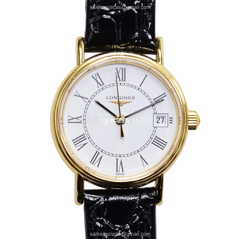 Elegant Longines Presence Replica in 18kt Gold & Steel Case, White Dial & Leather Strap Watch