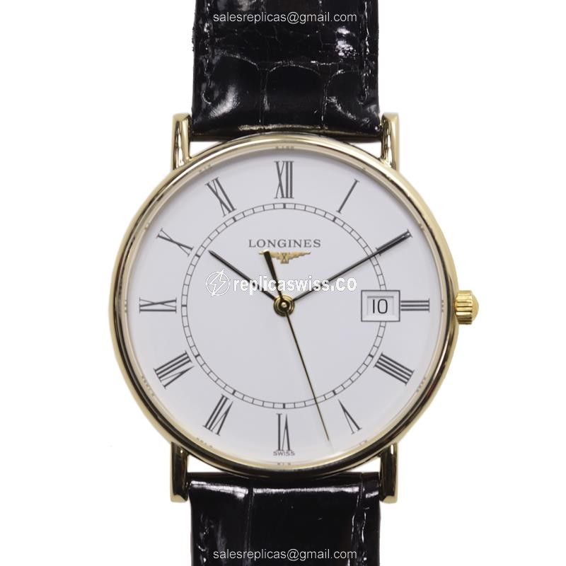 Elegant Longines Presence Replica in 18kt Gold, White Dial, Alligator Strap Watch
