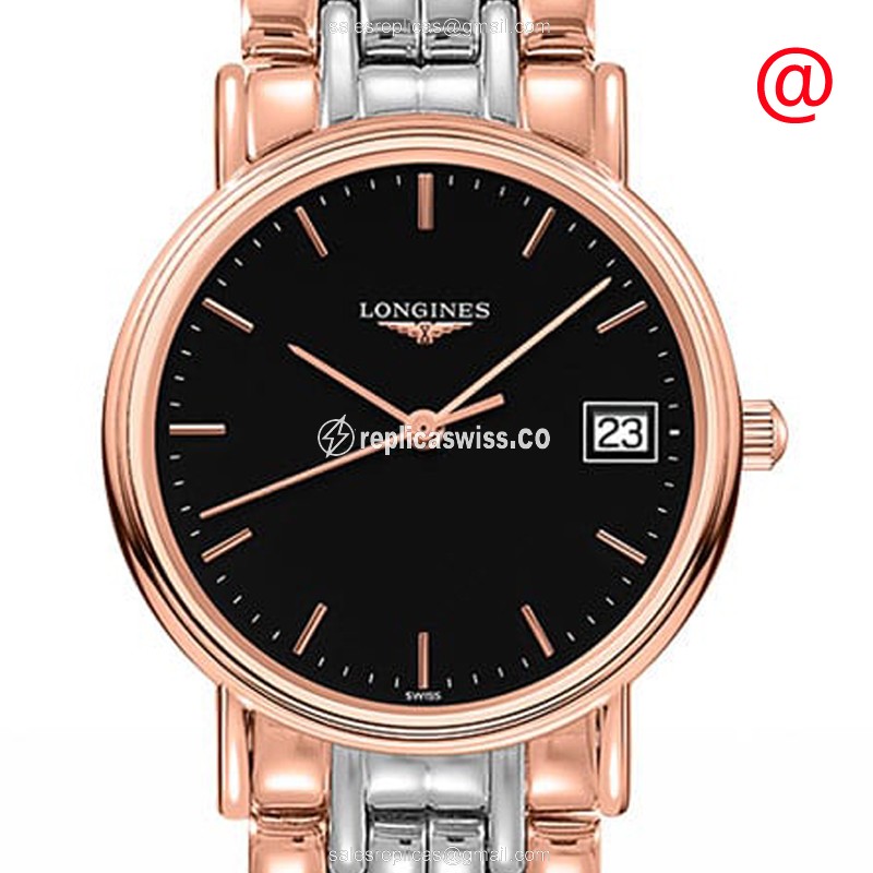 Elegant Longines Presence Replica in 18kt Rose Gold & Steel Case, Black Dial & Quartz Movement Watch