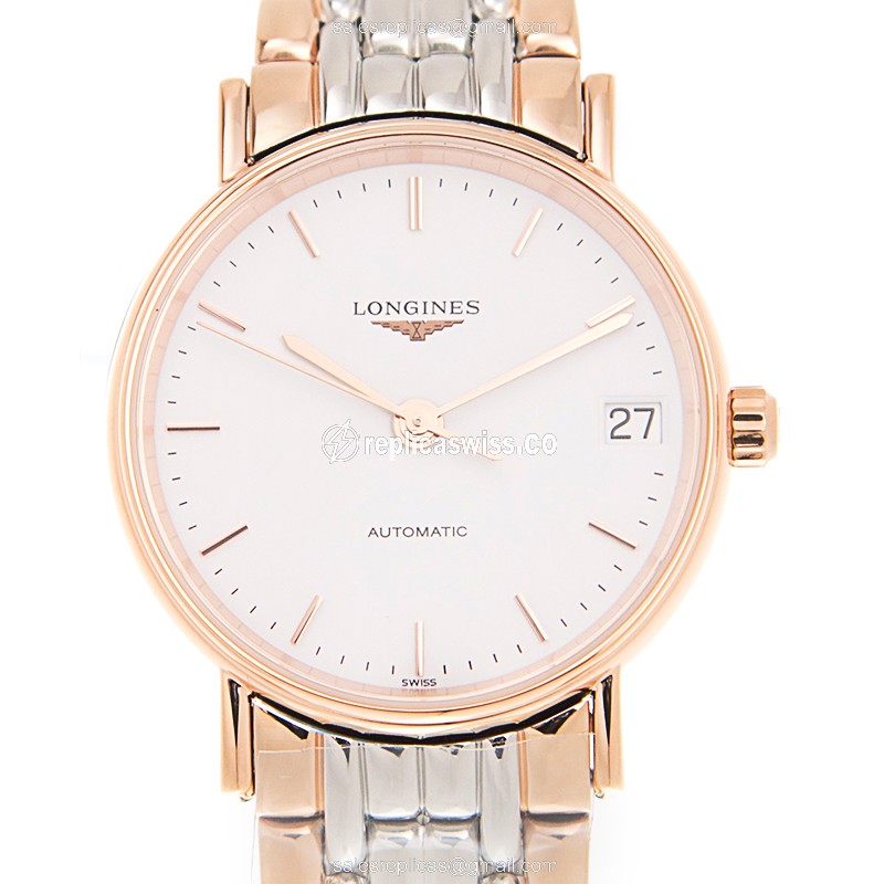 Elegant Longines Presence Replica in 18kt Steel & Rose Gold, Automatic Movement & White Dial Watch