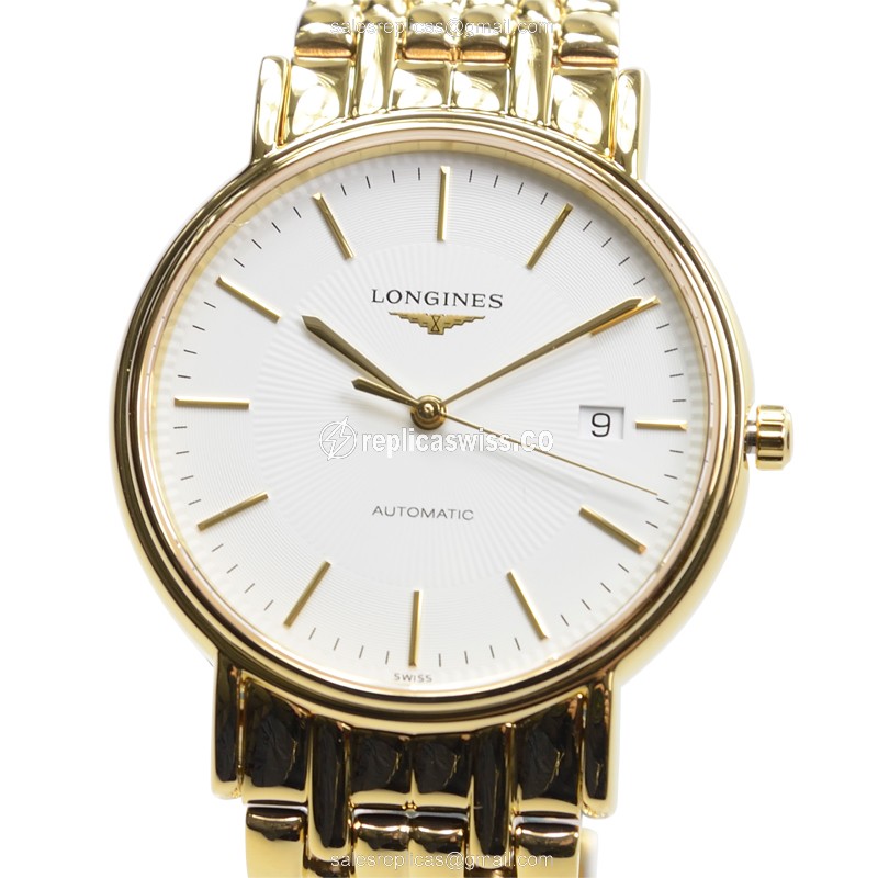 Elegant Longines Presence Replica in White Dial & PVD Gold Case, Automatic Movement Watch