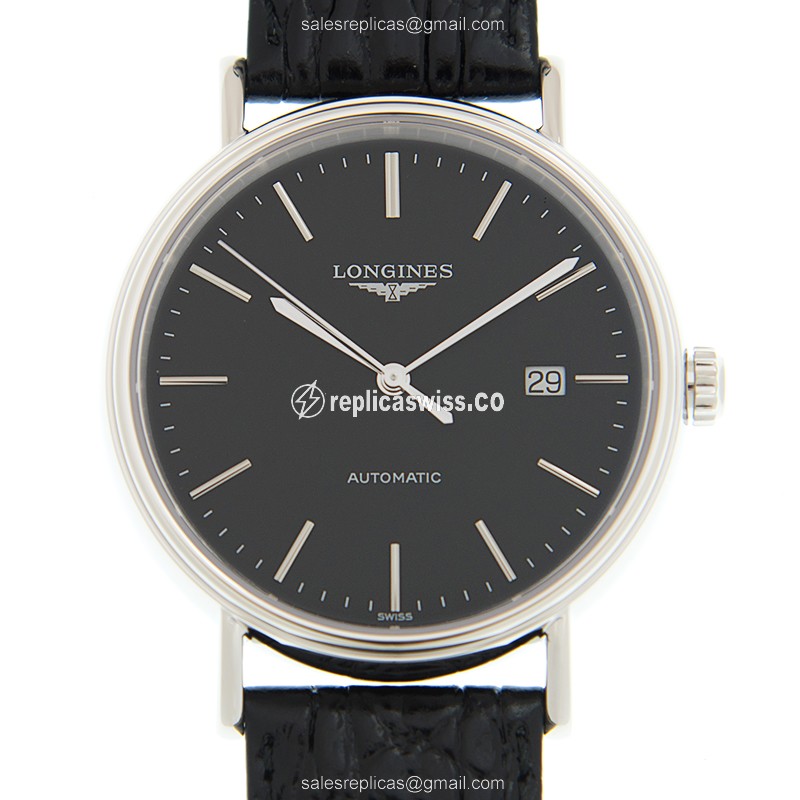 Elegant Longines Presence Replica Watch | Automatic Movement | Black Dial & Leather Strap