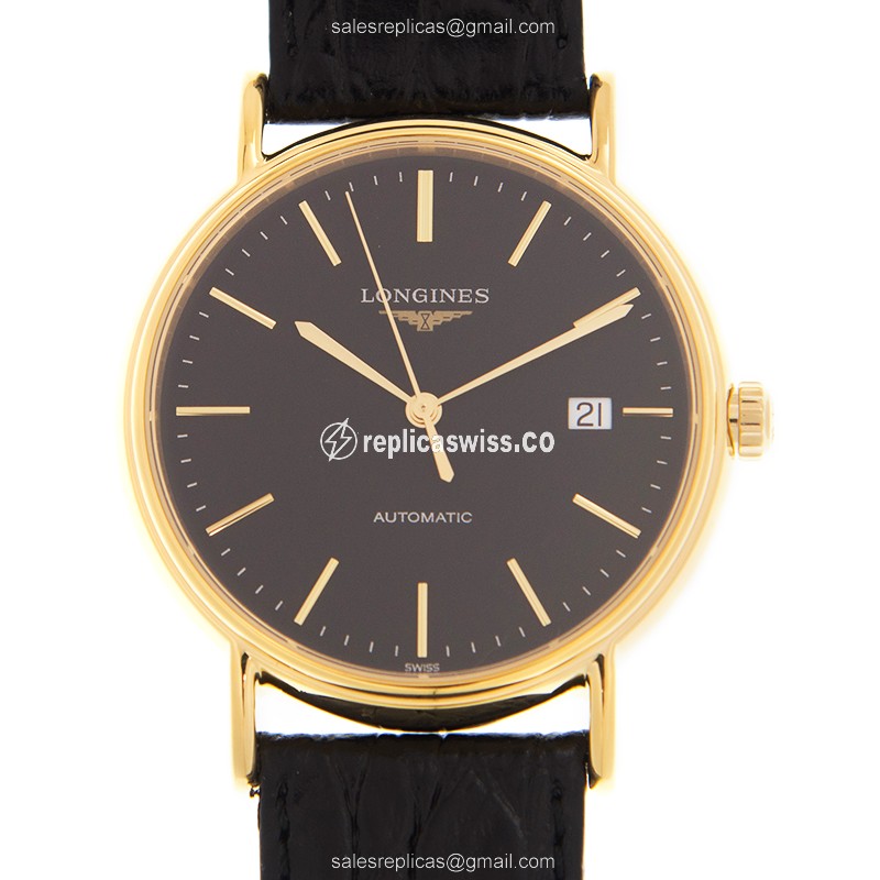 Elegant Longines Presence Replica Watch | Automatic, PVD Gold Case, Black Dial