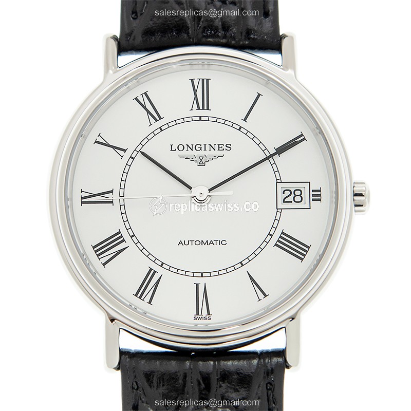 Elegant Longines Presence Replica Watch | Automatic, White Dial, Black Alligator Strap