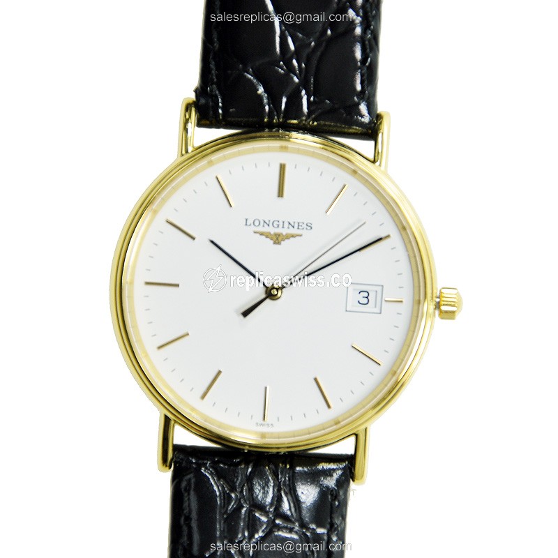 Elegant Longines Presence Replica Watch in Polished Gold, White Dial, Durable Sapphire Crystal