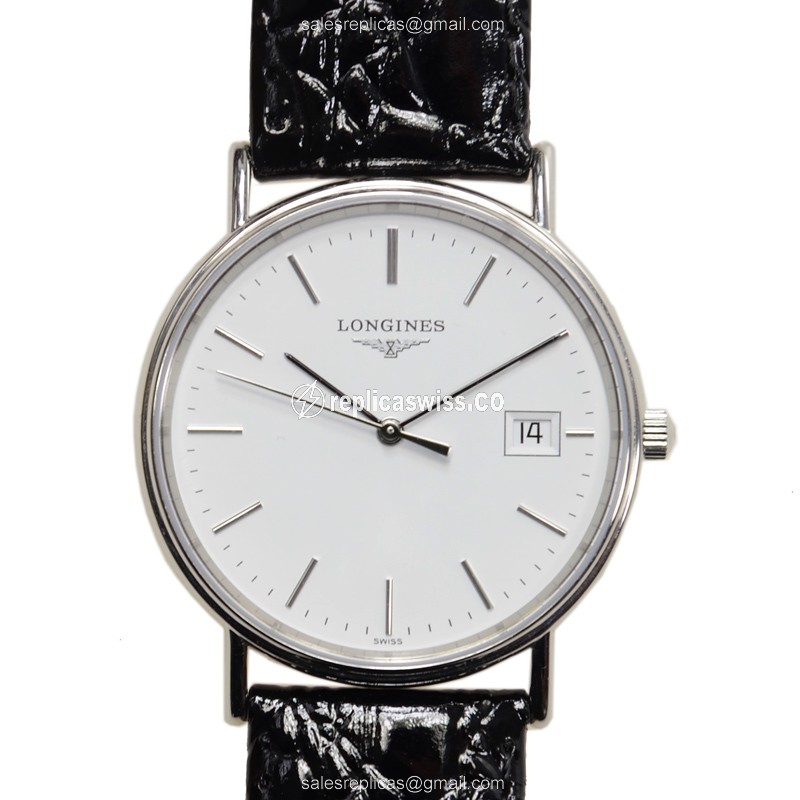 Elegant Longines Presence Replica, White Dial, Swiss Quartz Movement, Leather Strap Watch