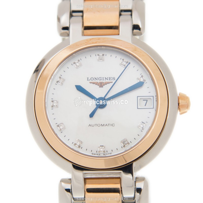 Elegant Longines Prima Luna Replica in 18kt Steel & Rose Gold, Automatic Movement & White Dial Watch