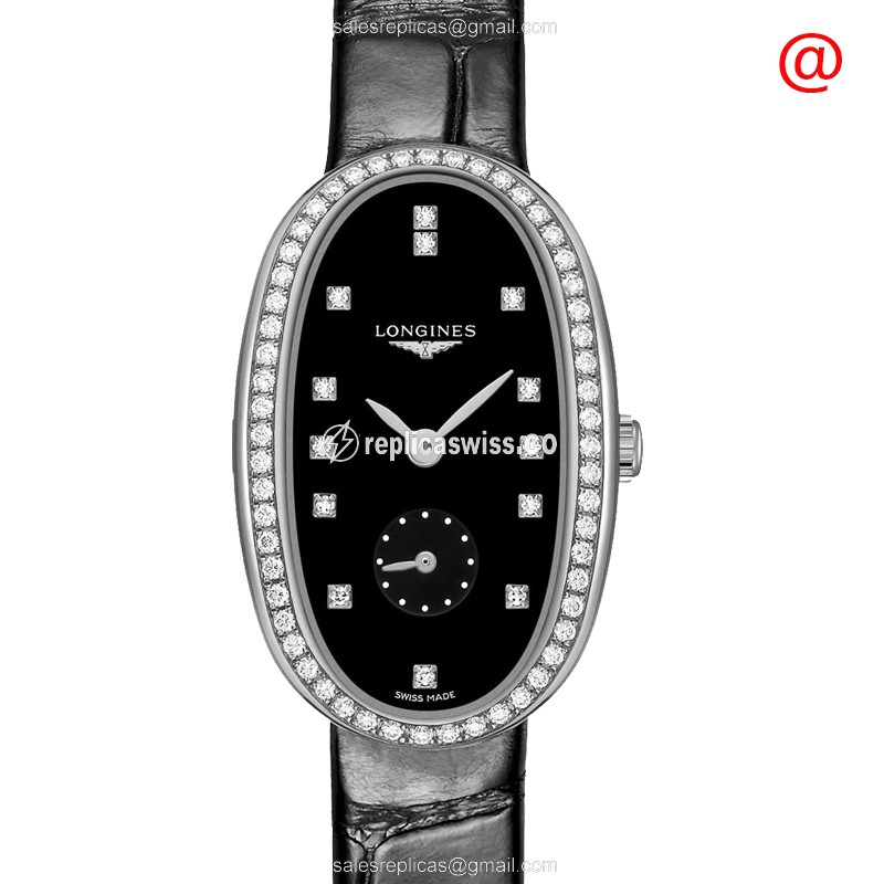 Elegant Longines SYMPHONETTE Replica with Black Crystal Dial Leather Strap Watch