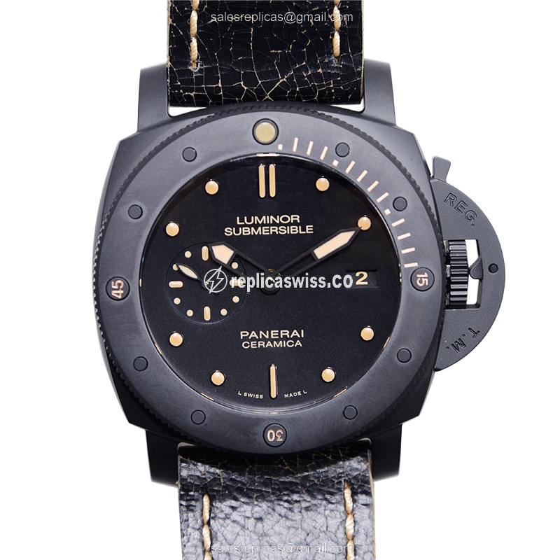 Elegant Panerai LUMINOR Automatic Ceramic Watch | Black Dial, Leather Strap