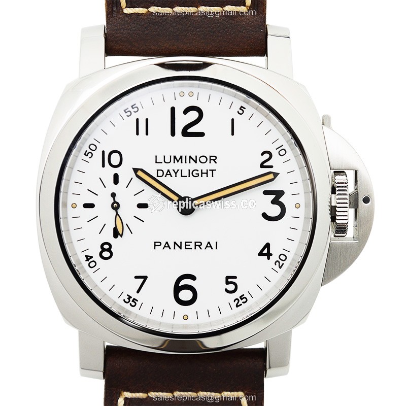 Elegant Panerai LUMINOR Manual Wind Replica in Polished Steel, White Dial & Brown Leather Strap