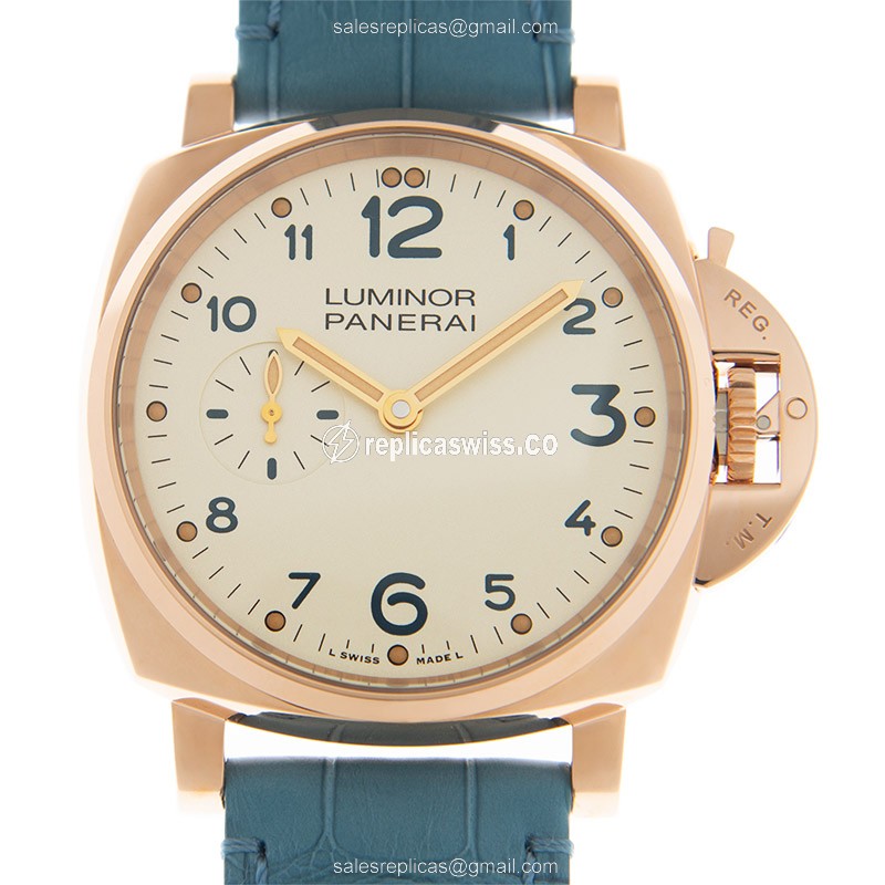 Elegant Panerai PAM00741 LUMINOR DUE Manual Wind Gold Replica, Beige Dial, Alligator Blue Strap
