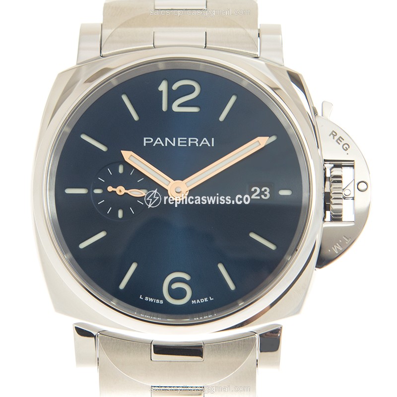 Elegant Panerai PAM01124 LUMINOR DUE Replica, Automatic Movement, Blue Dial & Silver Steel Bracelet