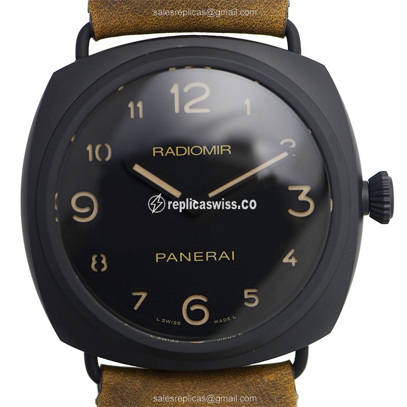 Elegant Panerai RADIOMIR Ceramic Replica | Manual Wind | Black Dial | Brown Leather Strap Watch