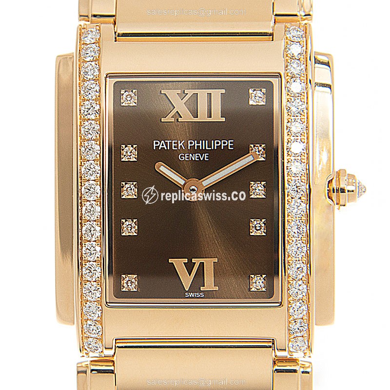 Elegant Patek Philippe 4910/11R-010 Replica in 18kt Rose Gold, Brown Dial, Crystal Case Watch