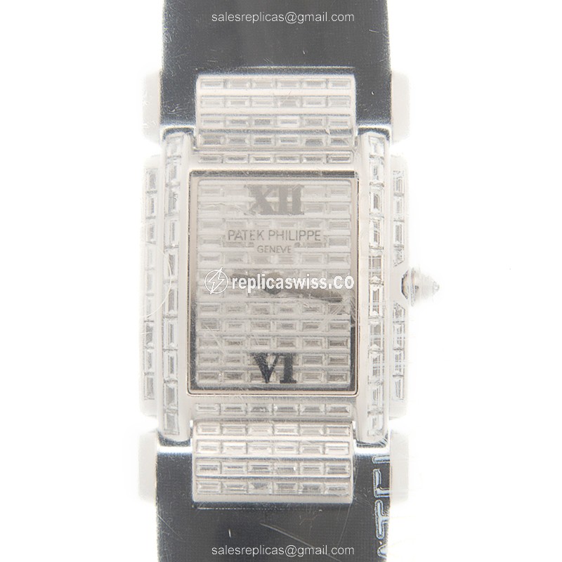 Elegant Patek Philippe 4911G-001 Quartz Replica in 18kt White Gold with Silver Dial & Diamond Clasp