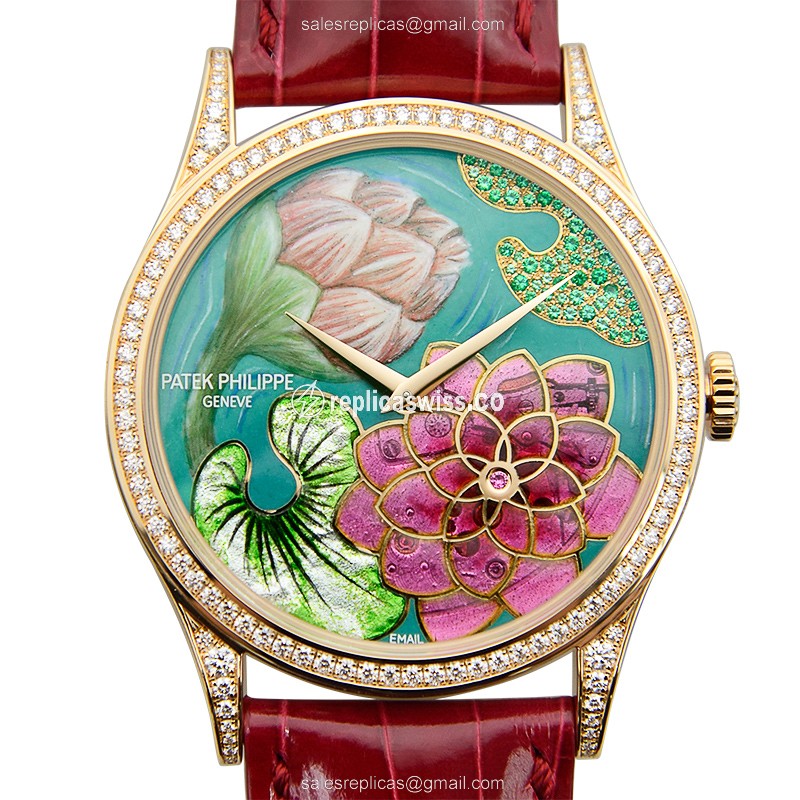 Elegant Patek Philippe 5077/100R-010 Replica in 18kt Rose Gold with Blue Dial & Red Alligator Strap