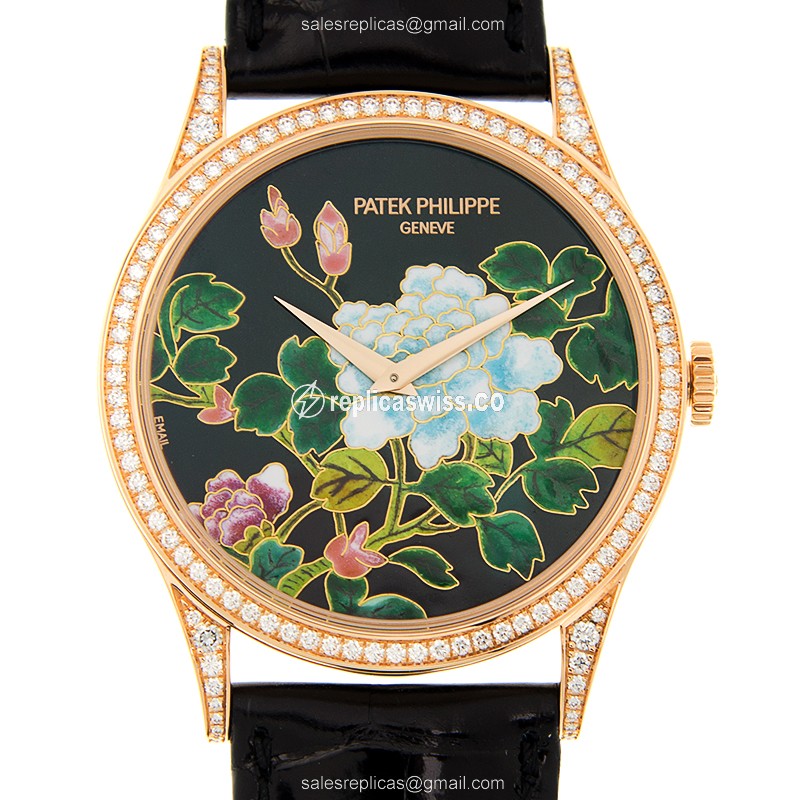 Elegant Patek Philippe 5077/100R-027 Calatrava Replica in 18kt Rose Gold & Black Alligator Strap