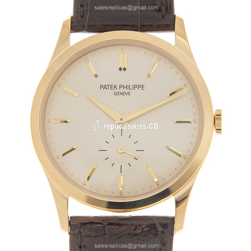 Elegant Patek Philippe 5196J-001 Calatrava Replica in 18kt Gold, White Dial & Alligator Brown Strap
