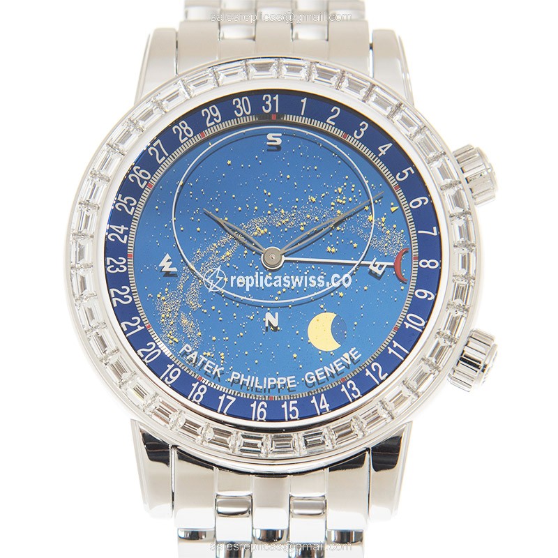 Elegant Patek Philippe 6104/1G-010 Replica with Blue Dial 18kt Gold Strap Watch