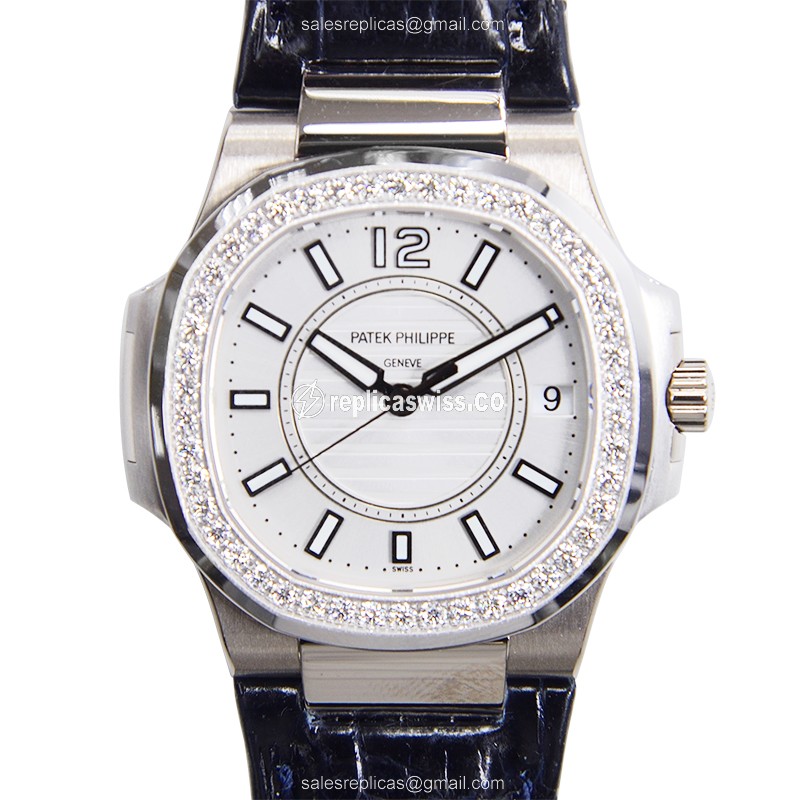 Elegant Patek Philippe 7010G-001 Nautilus Quartz Replica, Silver Dial, 18kt White Gold Case &