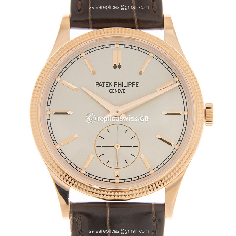Elegant Patek Philippe Calatrava Replica in 18kt Rose Gold, Manual Wind with White Dial & Brown