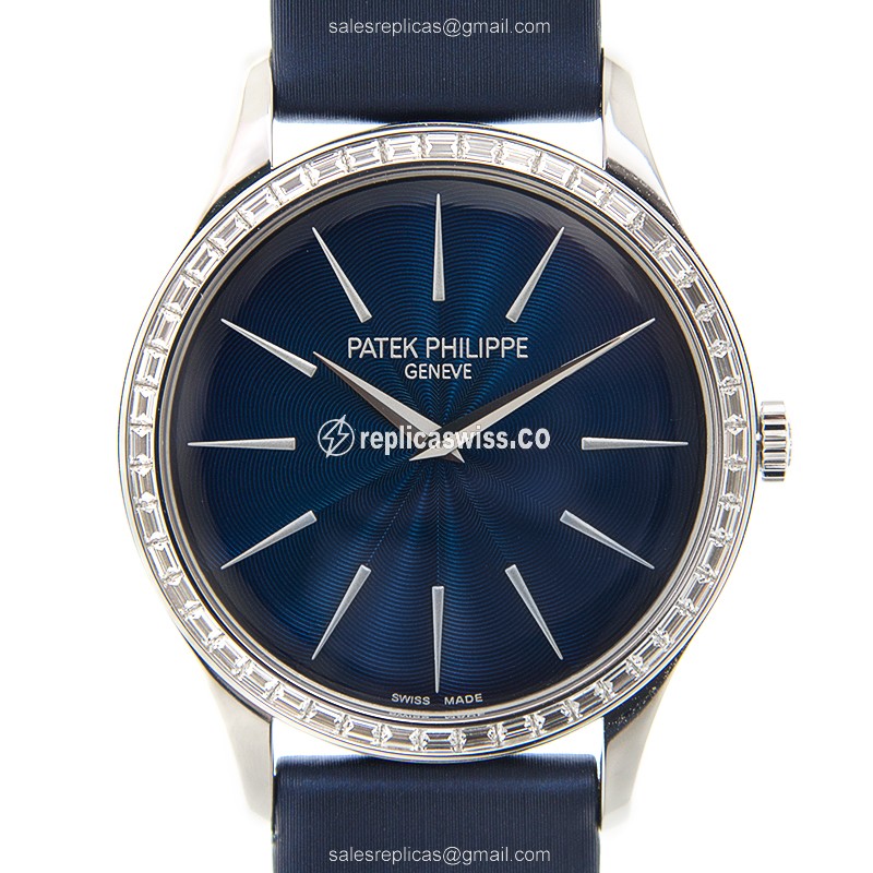 Elegant Patek Philippe Calatrava Replica in 18kt White Gold & Blue Sapphire Crystal, Manual Wind