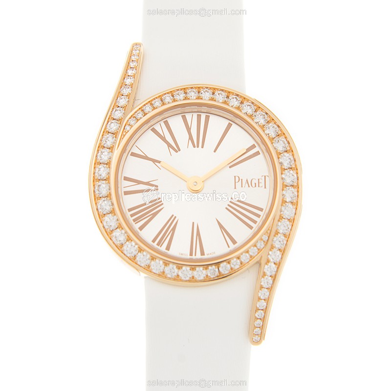 Elegant Piaget G0A42151 Limelight Replica, White Dial, 18kt Rose Gold Case & Satin White Strap Watch