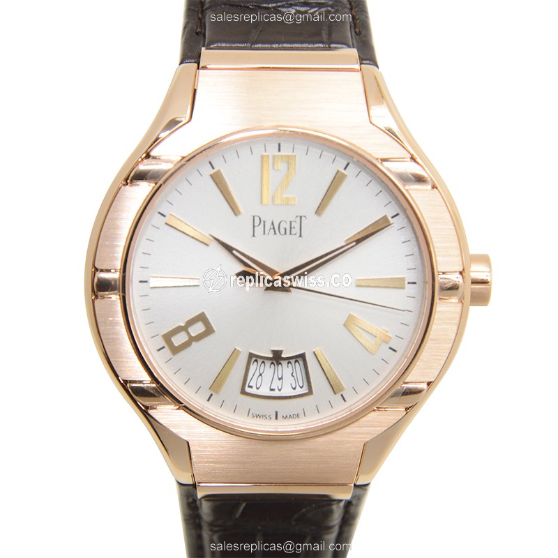 Elegant Piaget Polo Automatic Replica in 18kt Rose Gold, Silver Dial & Alligator Brown Strap Watch