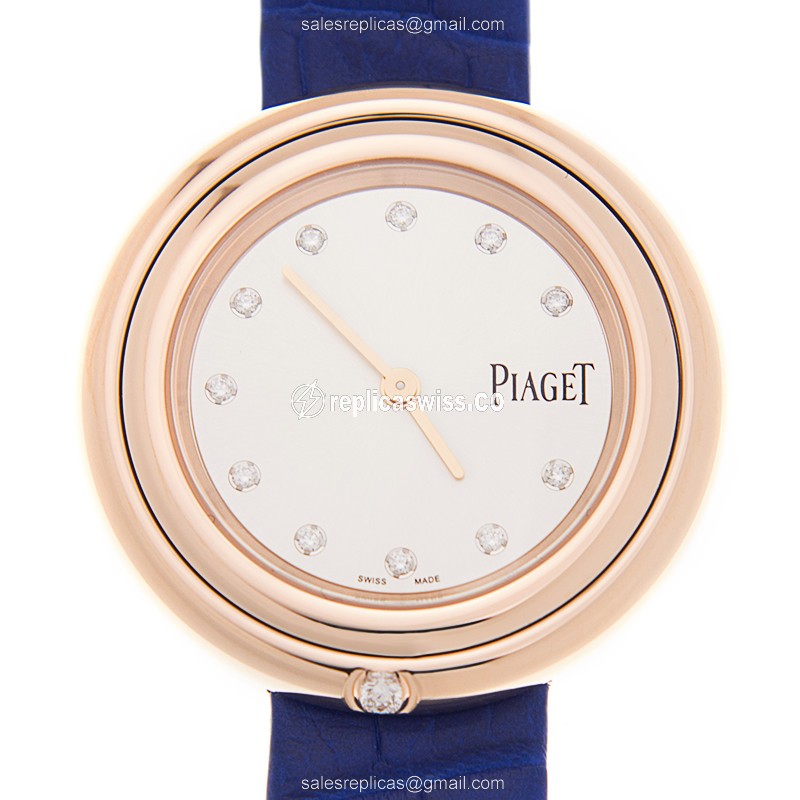 Elegant Piaget POSSESSION Quartz Replica in 18kt Rose Gold, Silver Dial & Blue Alligator Strap Watch